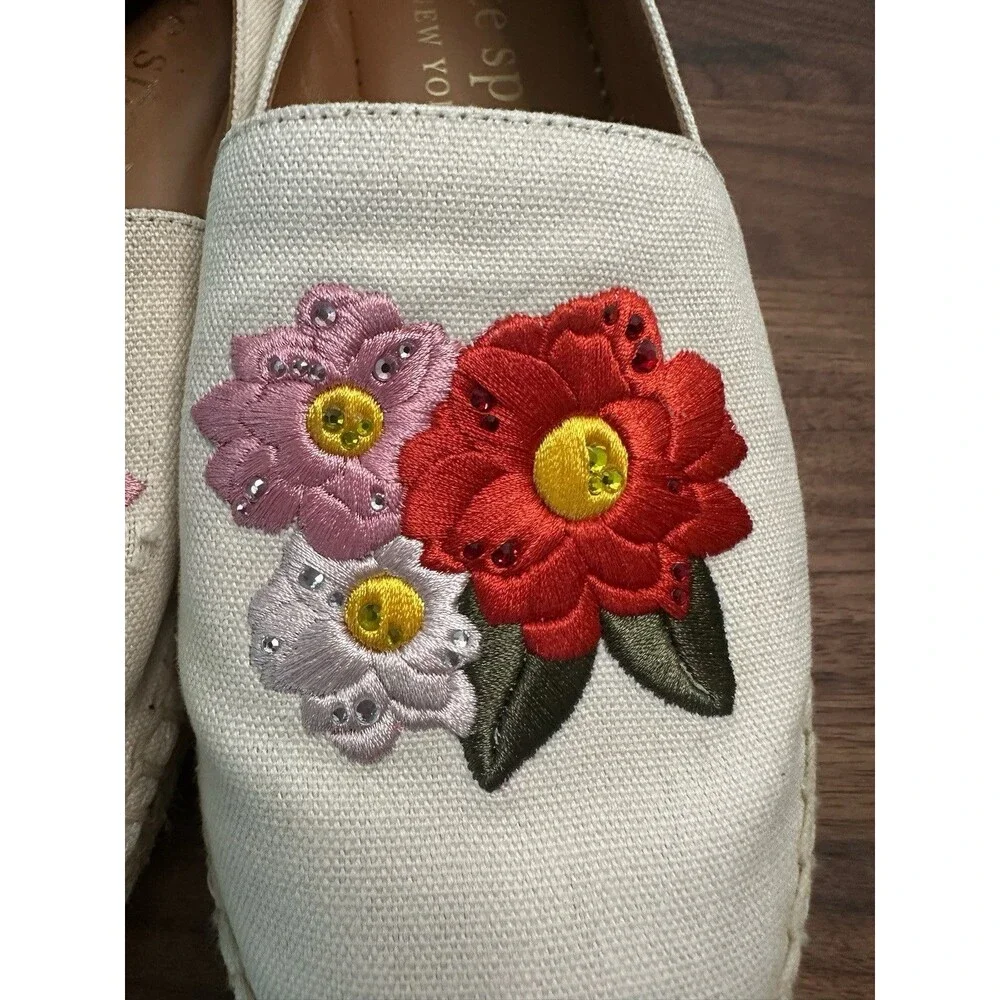 Kate Spade Cream Dahlia Espadrille Flat Loafers w Floral Embroidery Size 8